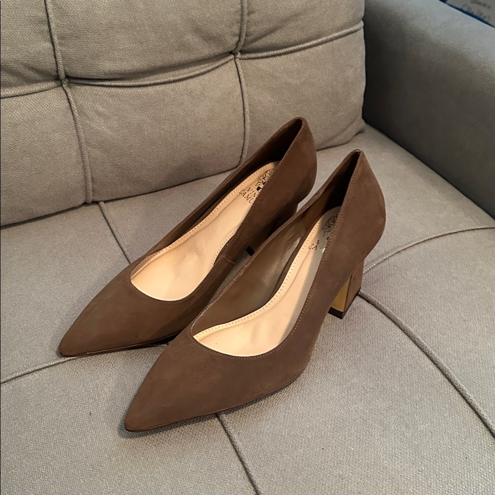 Vince Camuto Brown Suede Pointed Toe Block Heel Pumps